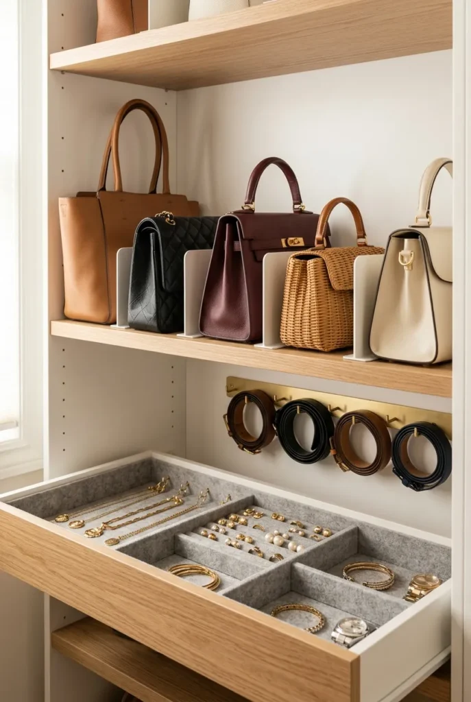Master closet accessory zone with bags, belts, and jewelry organized