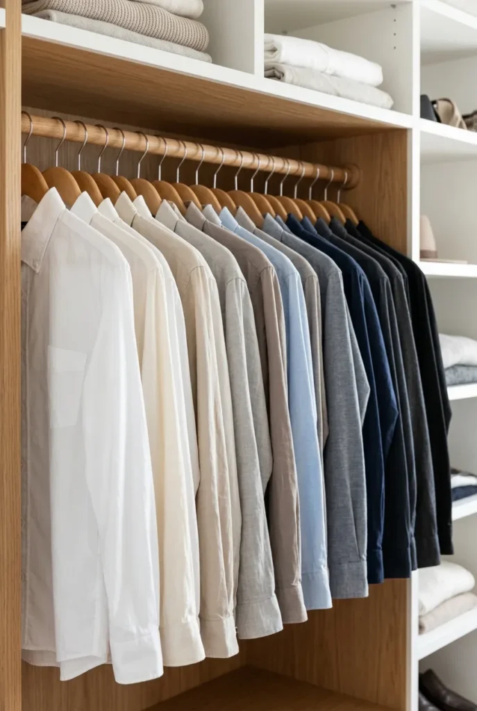 Color-coded shirts arranged light to dark in a master closet zone