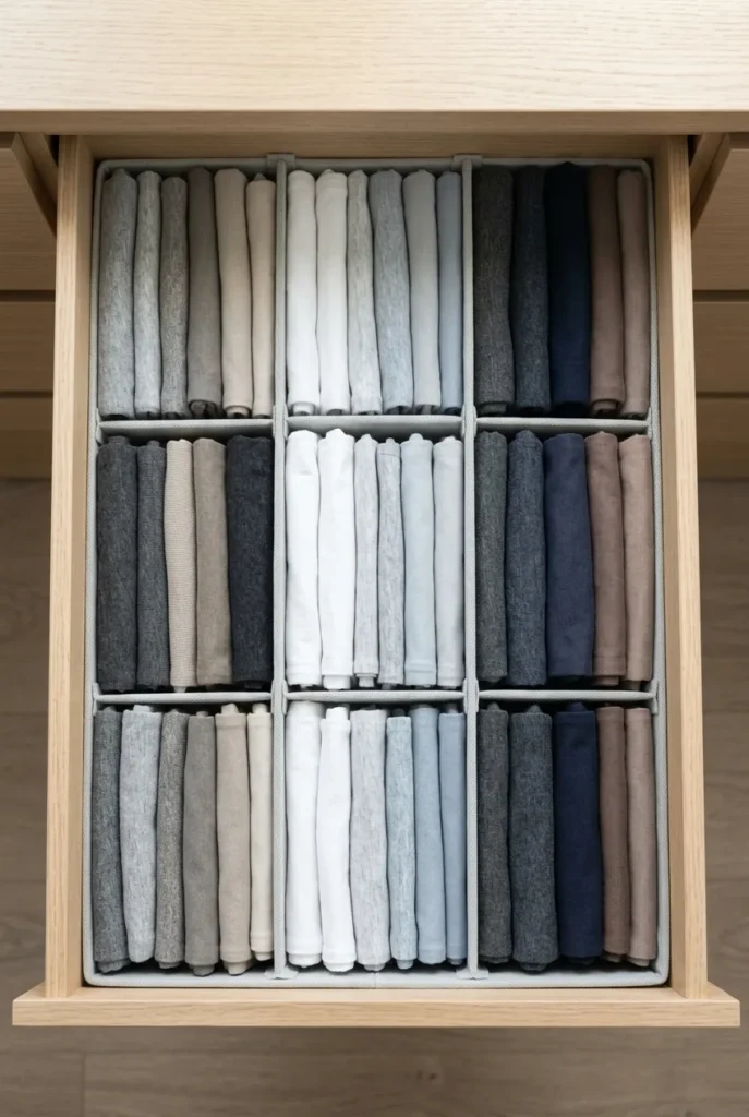 File-folded clothes in a divided master closet drawer, overhead view