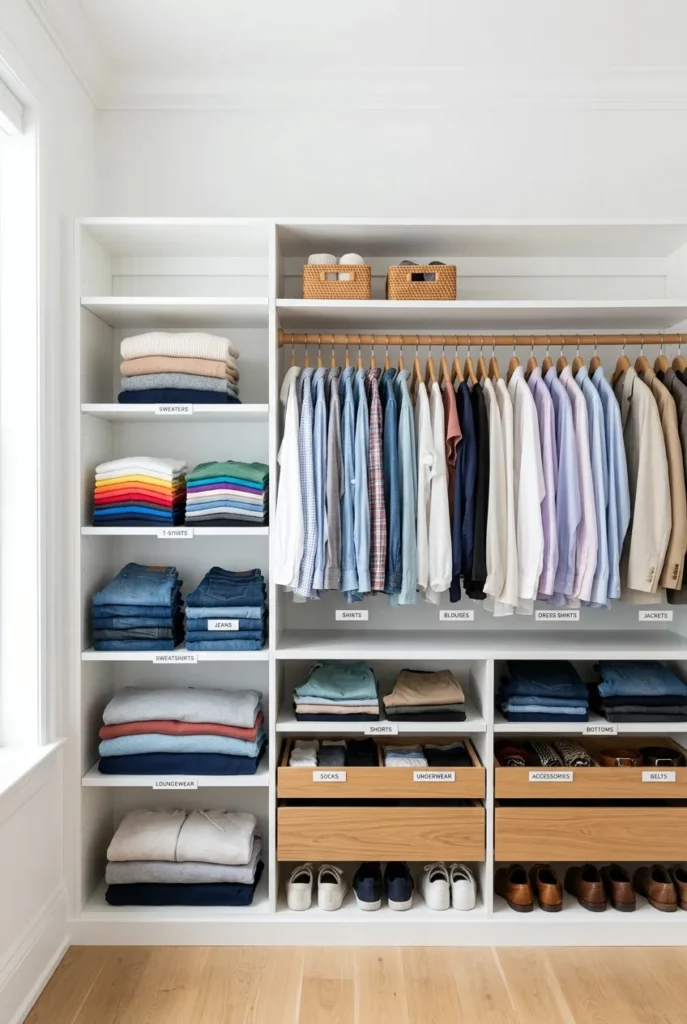 Five-zone master closet organization layout labeled by category