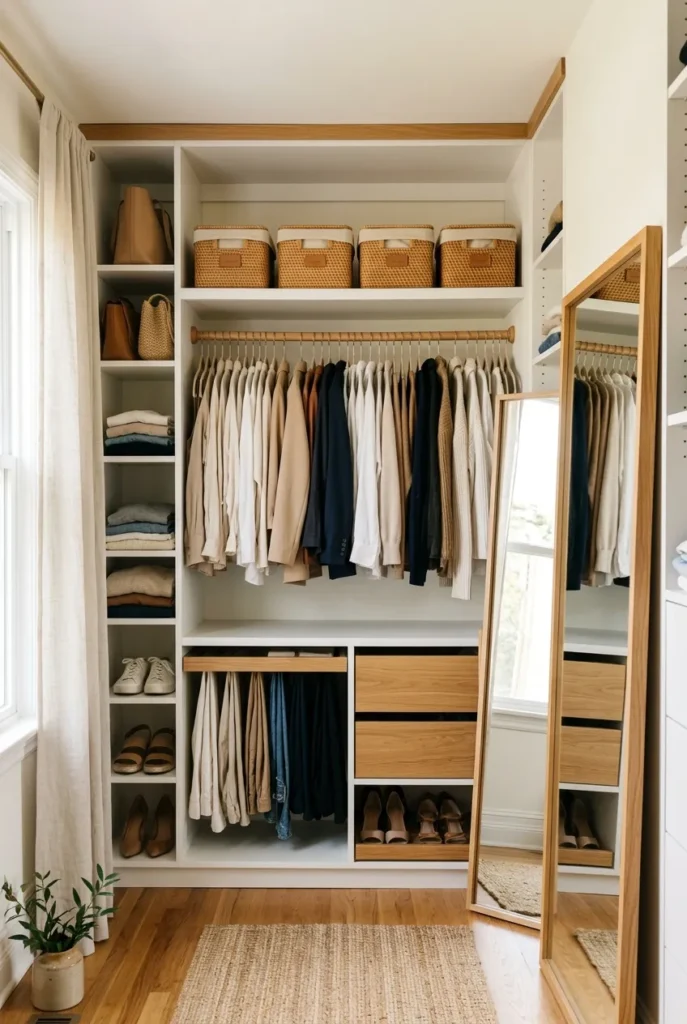 Master closet organization layout with zoned shelves, rods, and woven baskets