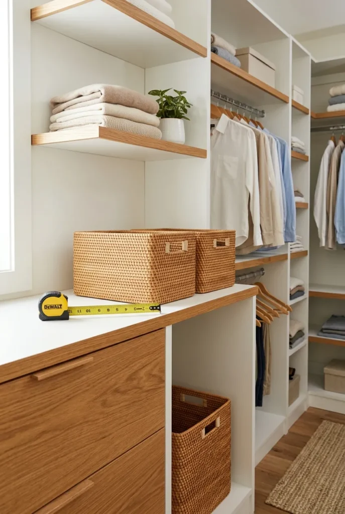 Measuring closet shelf depth before buying bins for master closet zones