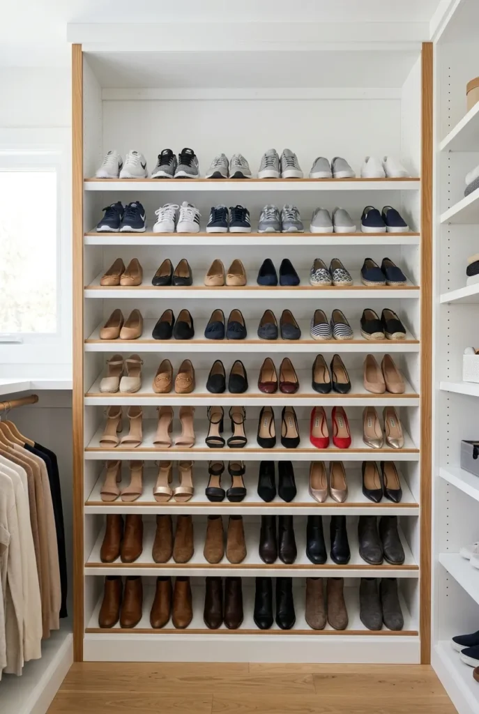 Master closet shoe zone with shoes grouped by type on angled shelves