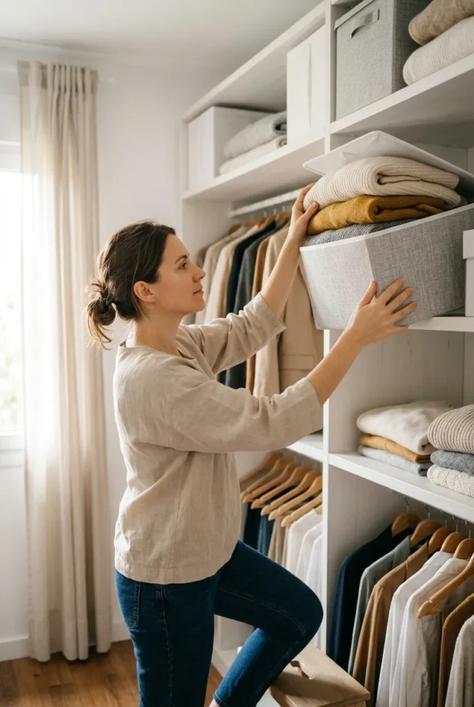 Seasonal closet swap moving off-season clothes to a high shelf