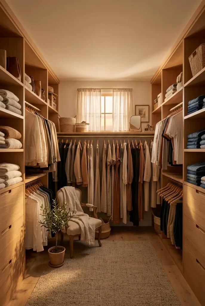 Walk-in master closet layout with zones placed by wall and use