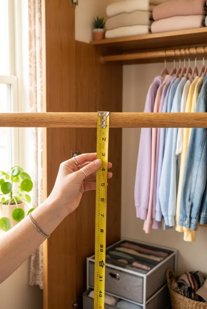 Measuring dorm closet rod height before buying small dorm closet organization products