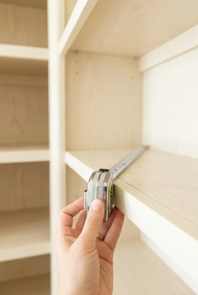 Measuring pantry shelf depth before buying organization baskets