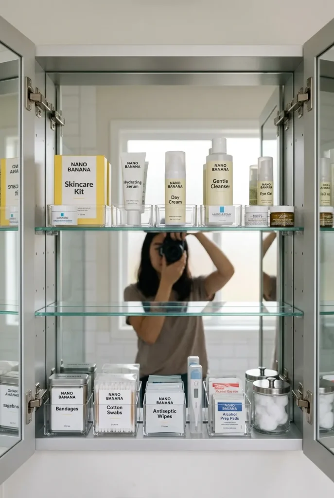 Organized medicine cabinet with clear risers for a budget bathroom aesthetic