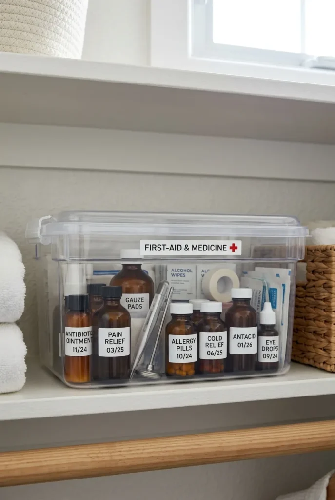 Labeled first-aid and medicine bin stored high on a bathroom closet shelf