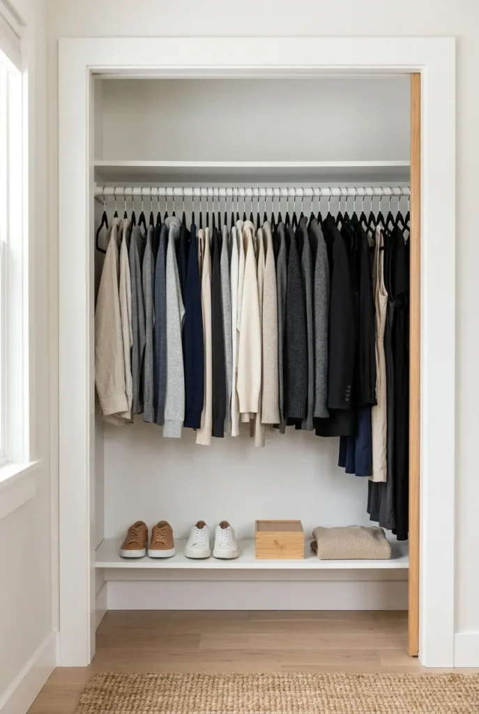 Backward-hanger closet trick for minimalist decluttering clothes