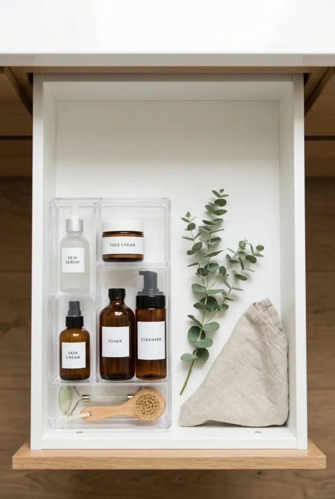 Minimalist decluttering a bathroom drawer down to daily essentials