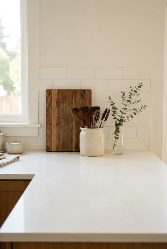 Clear kitchen counter showing the visible-surface first minimalist decluttering step