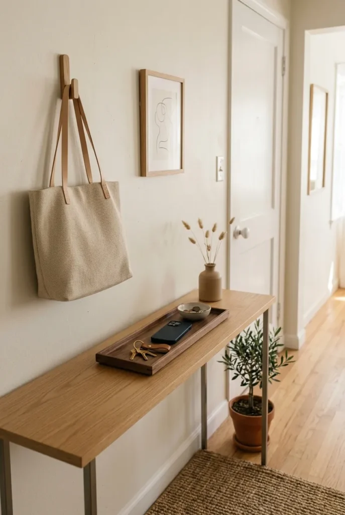 Entryway landing spot that keeps a minimalist decluttered home tidy