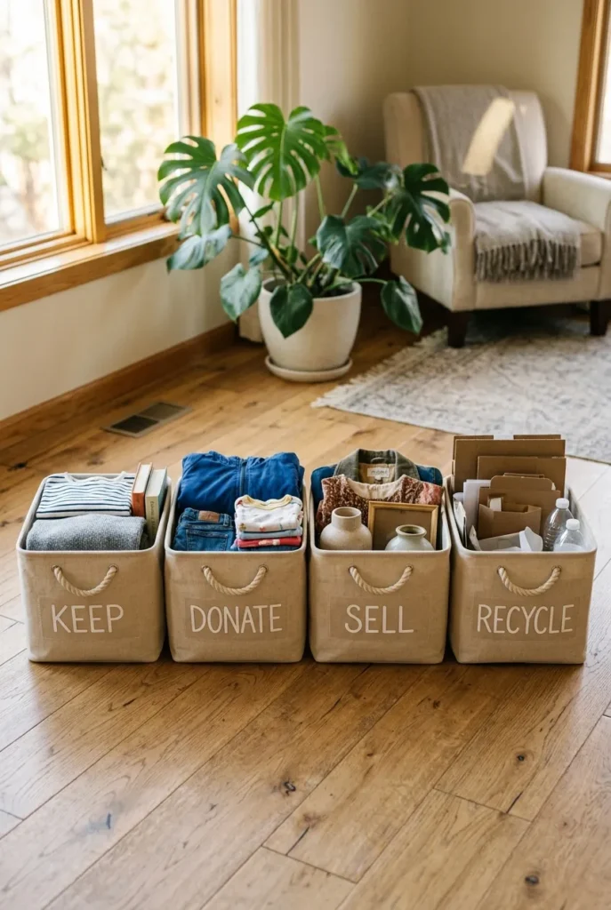 Four-bin keep donate sell recycle system for minimalist decluttering