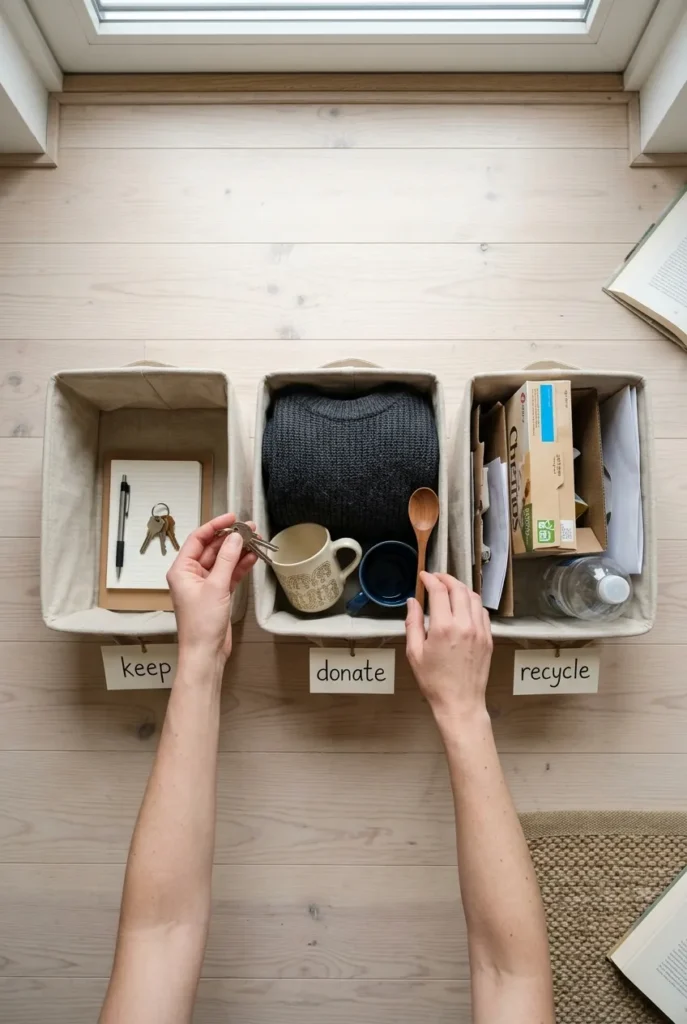 Sorting items into keep donate recycle bins during minimalist decluttering