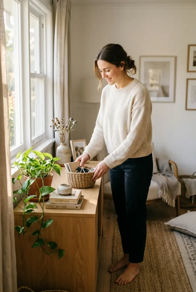 Minimalist decluttering in a bright real living room with a woven basket and oak console