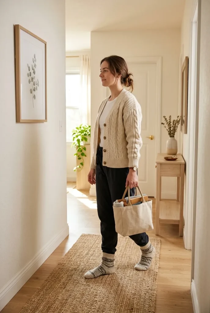 Weekly reset step of minimalist decluttering, carrying a donation bag through a tidy home