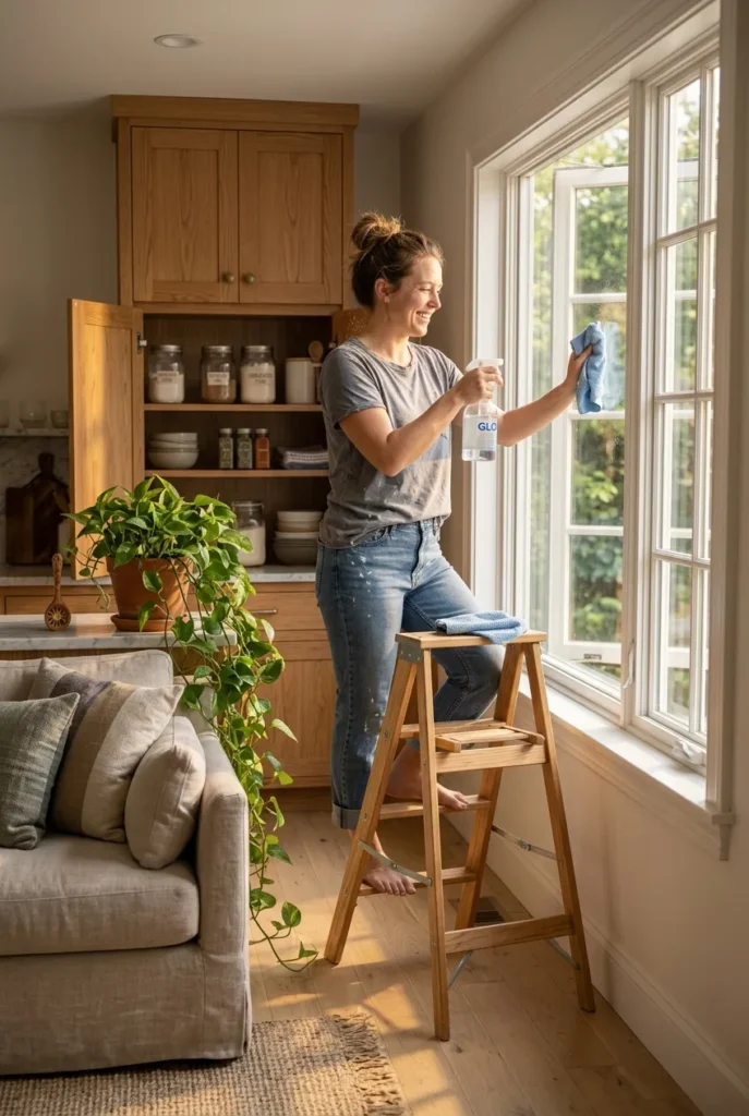 Working mom cleaning windows during her monthly deep clean rotation