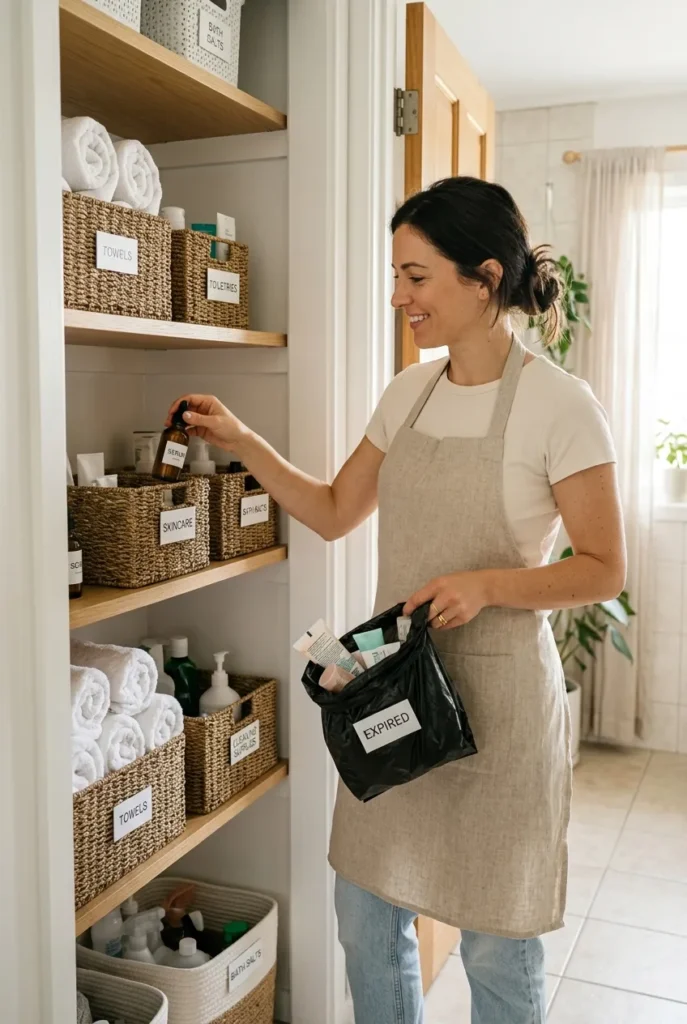 Doing a quick monthly reset to keep a bathroom closet organized