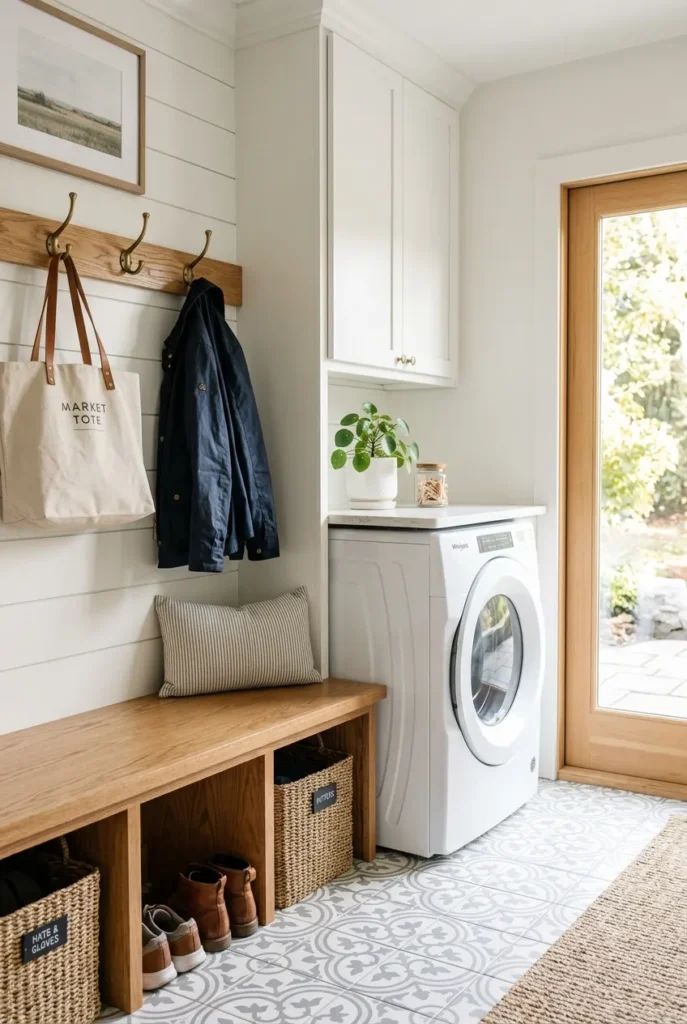 Mudroom laundry combo with built-in bench, shoe cubbies, and washer dryer