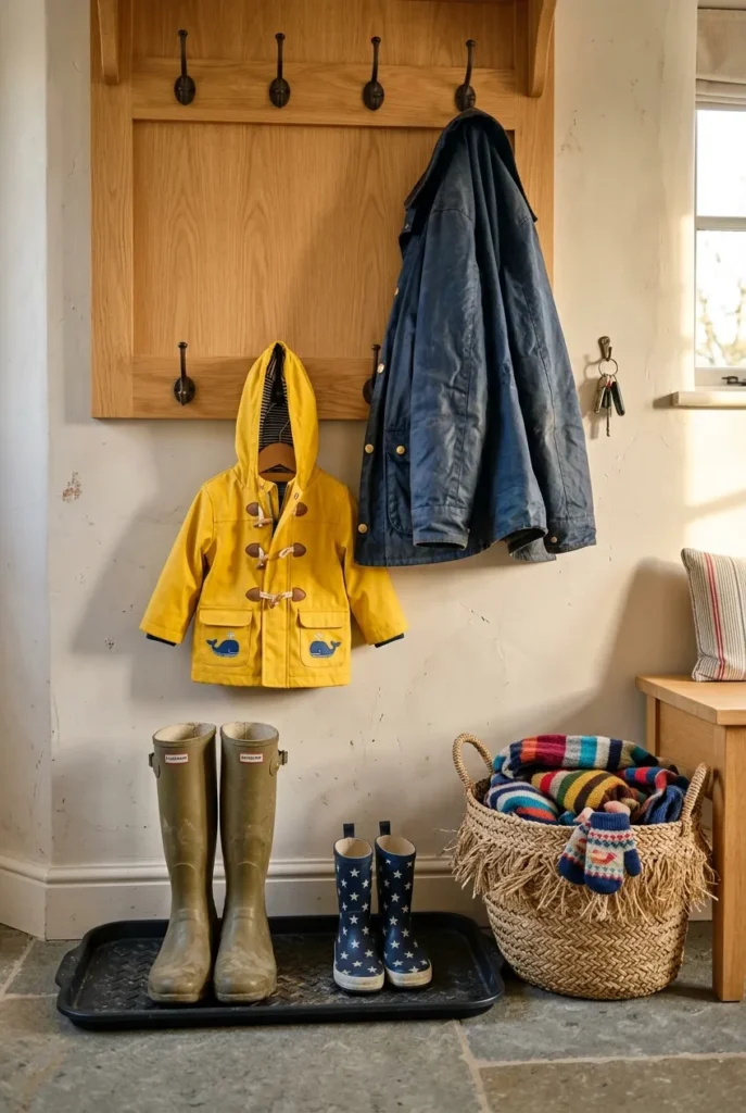 Mudroom entry zone with two-height coat hooks and a boot tray for wet shoes