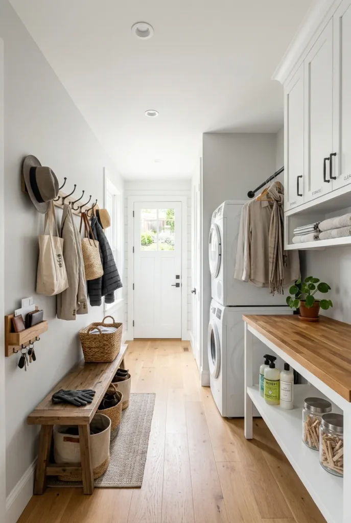Mudroom laundry combo layout showing five organized zones along one wall