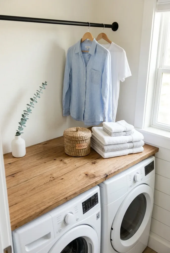 Fold and hang zone with wood counter over washer dryer and a wall drying rod