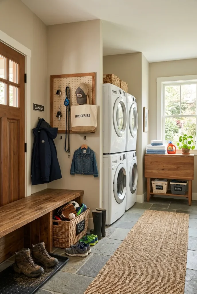 Garage-entry mudroom laundry combo with boot tray, sports bin, and pegboard