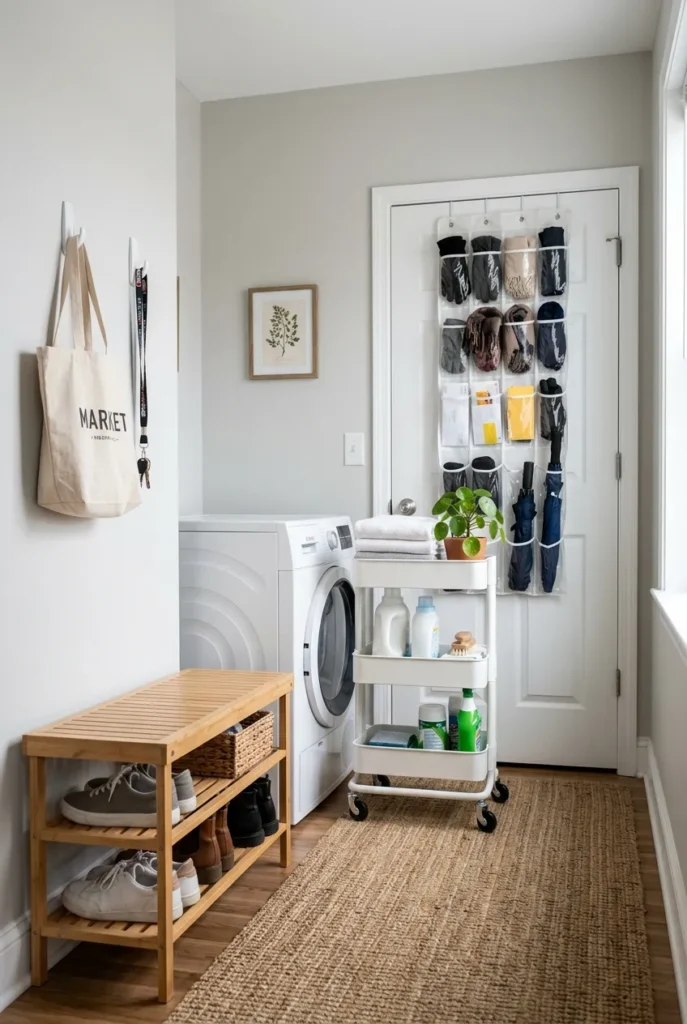 No-drill renter mudroom laundry combo with adhesive hooks and a rolling cart