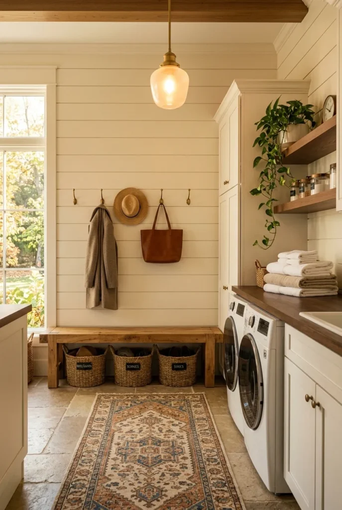 Warm styled mudroom laundry combo with wood tones, baskets, and soft pendant light