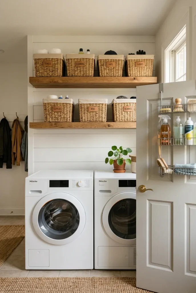 Upper shelves with labeled baskets storing bulk supplies in a mudroom laundry combo