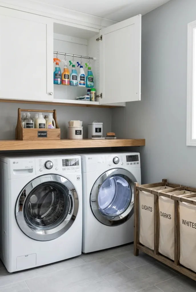 Laundry wash zone with sorting hamper, detergent caddy, and tension rod storage