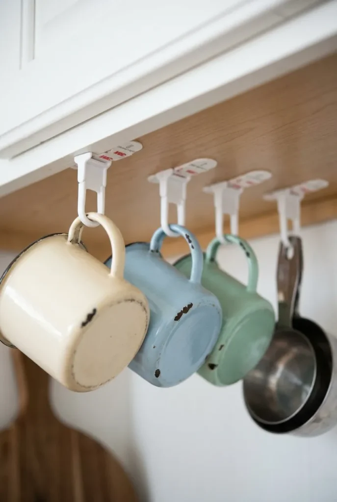 No-drill Command hooks under a cabinet holding mugs in a small kitchen