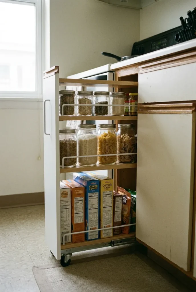 No-drill rolling pull-out pantry cart for renters in a small kitchen