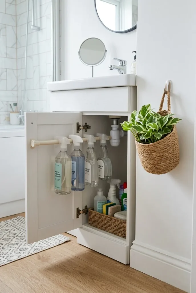No-drill tension rod and Command hook storage for renter-friendly bathroom organization