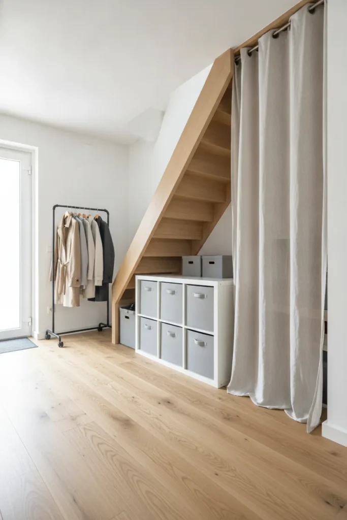 No-drill under stairs storage for renters with cube shelf and curtain