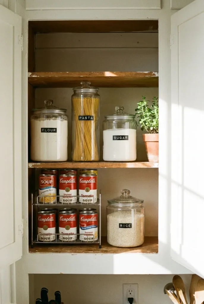 No-pantry kitchen storage using clear canisters and a can rack in one cabinet
