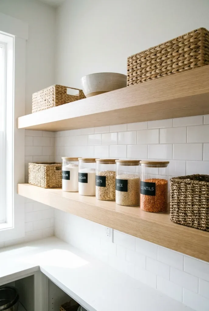 Well-organized open shelving pantry avoiding common clutter mistakes