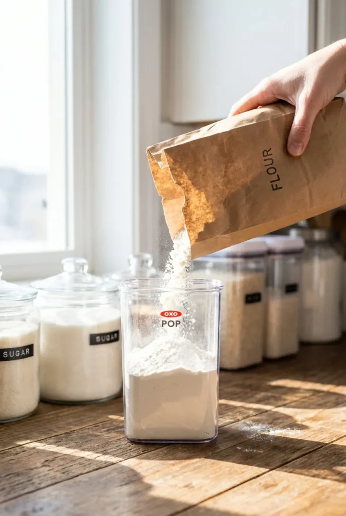 Decanting flour into a clear OXO POP container for an open shelving pantry