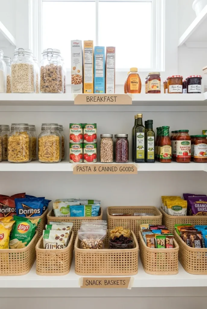 Open shelving pantry organized by meal zones with labeled shelves