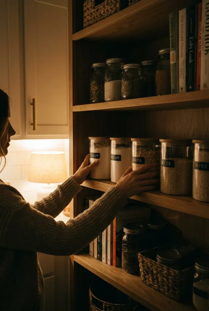 Nightly reset keeping an open shelving pantry tidy with labels facing out