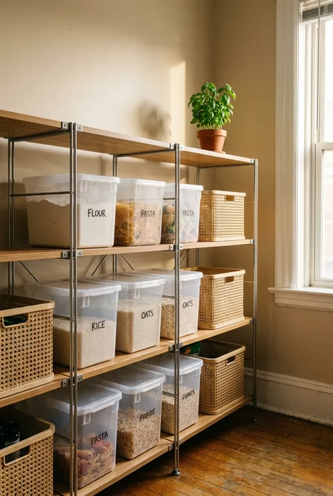 Freestanding open shelving pantry unit for renters with bins and baskets