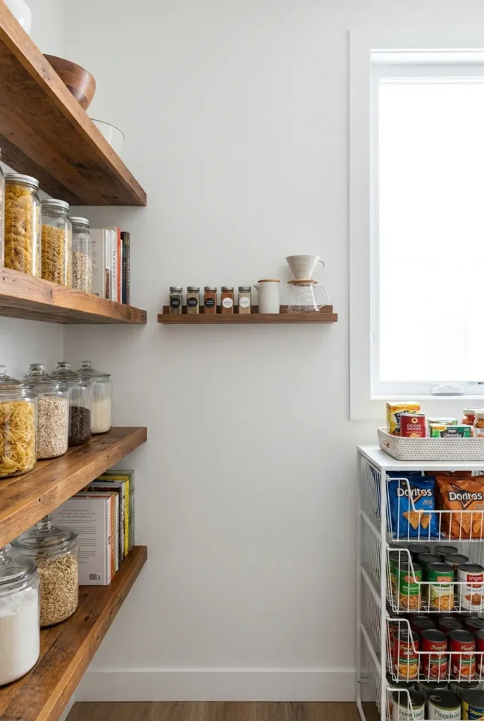 Open shelving pantry types including wood, floating, and wire shelving