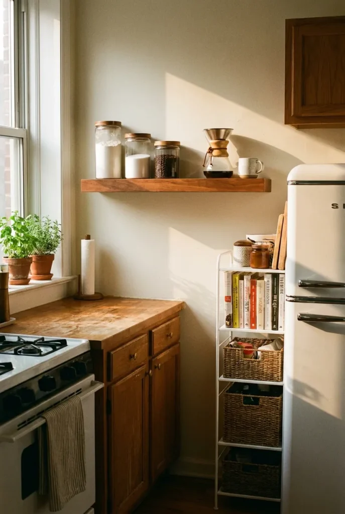 Small kitchen open shelving pantry with floating shelf and slim rack