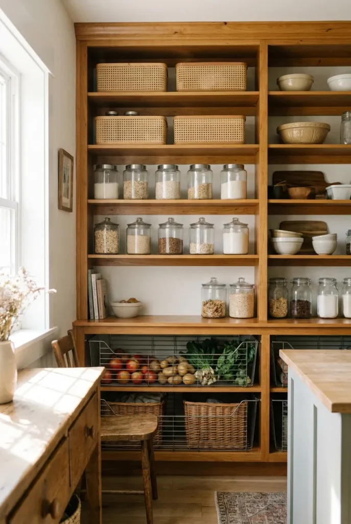 Open shelving pantry with wood shelves, glass canisters, and cane baskets in soft light