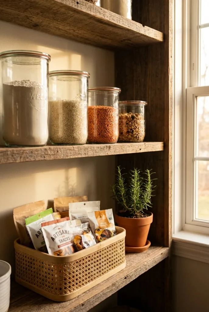Styled open shelving pantry with glass canisters, cane basket, and herb