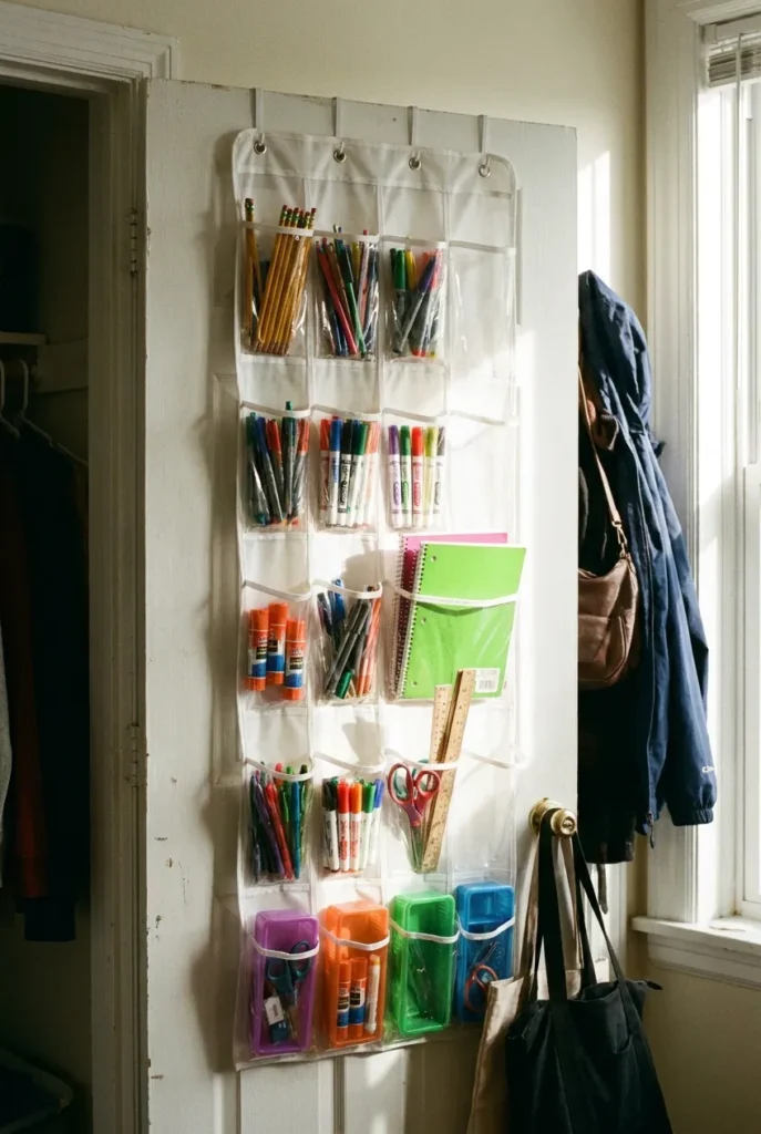 Over the door organizer holding homework caddy supplies in a small apartment