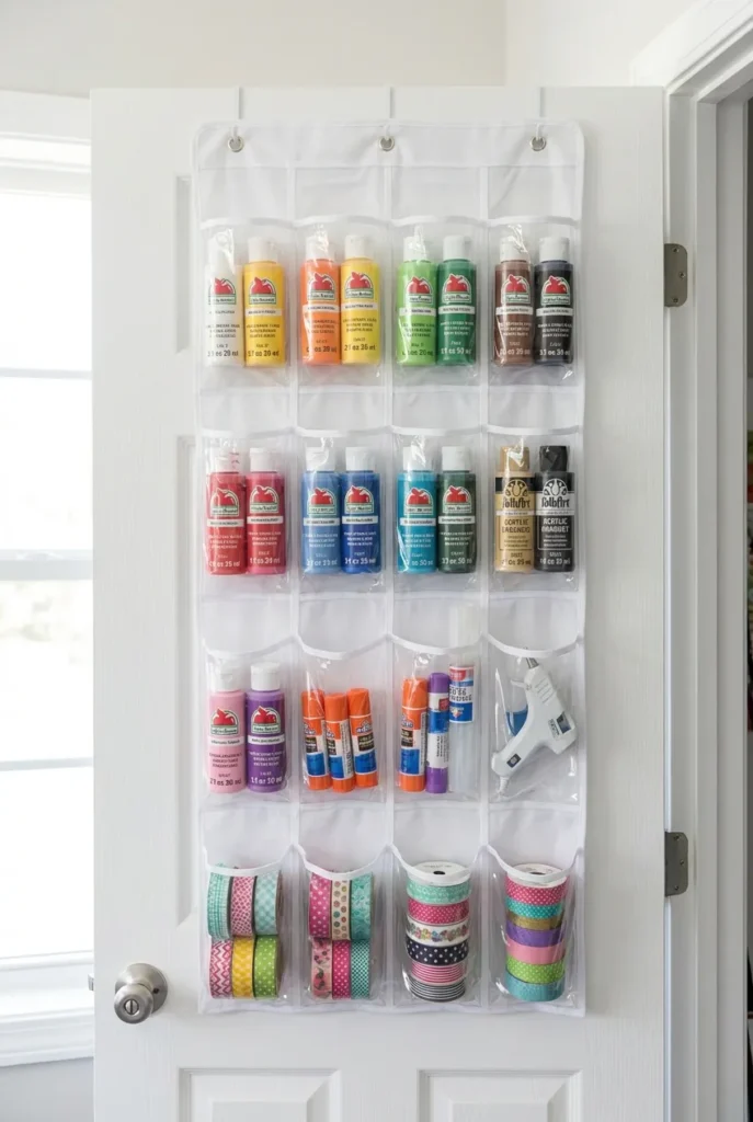 Clear over the door organizer holding paint bottles and craft supplies