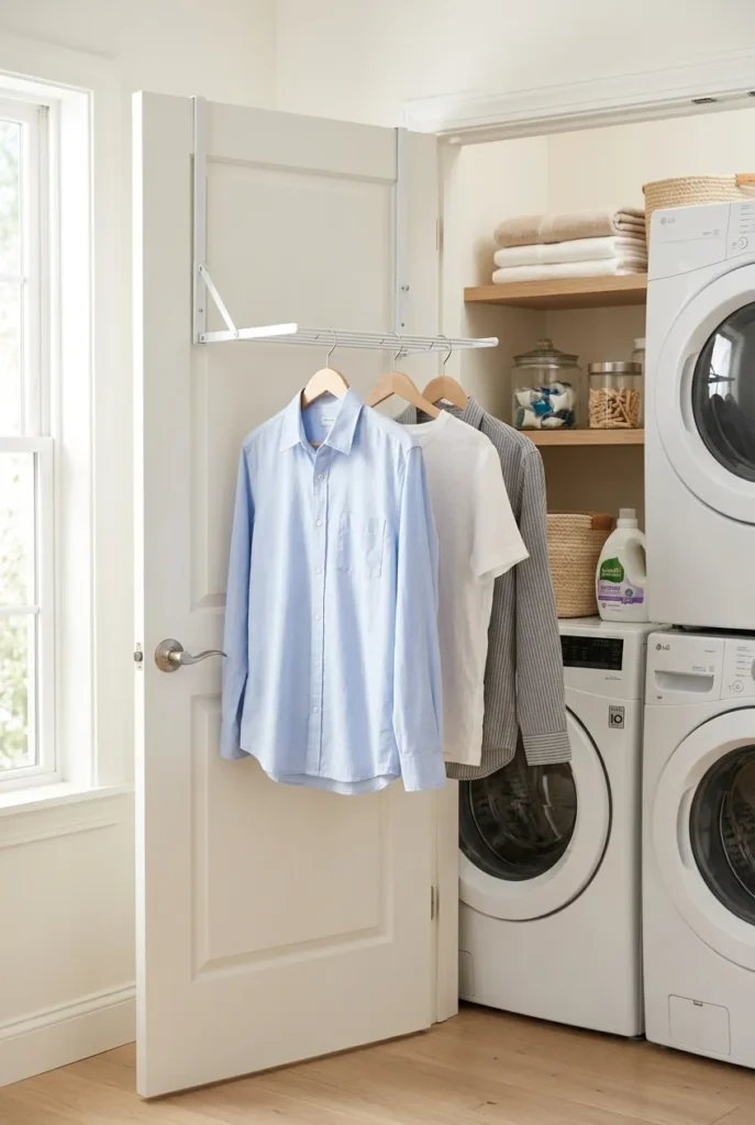 Over-the-door drying rack for hanging clothes in small laundry room organization