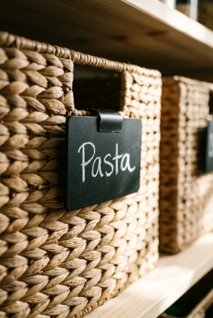 Chalkboard label on a woven pantry basket for easy organization
